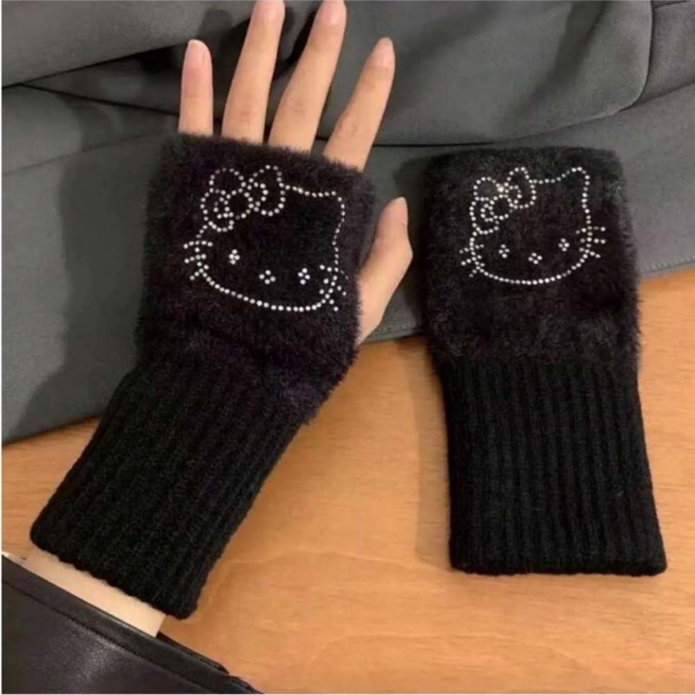 Hello Kitty Black Fuzzy Fingerless Gloves